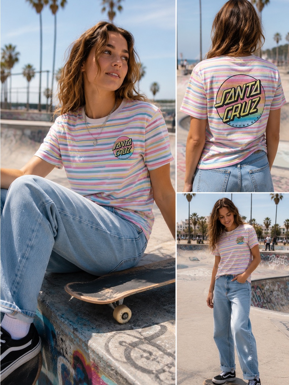 Santa Cruz Pastel Rainbow Striped Graphic Tee Medium Y2K Skater
